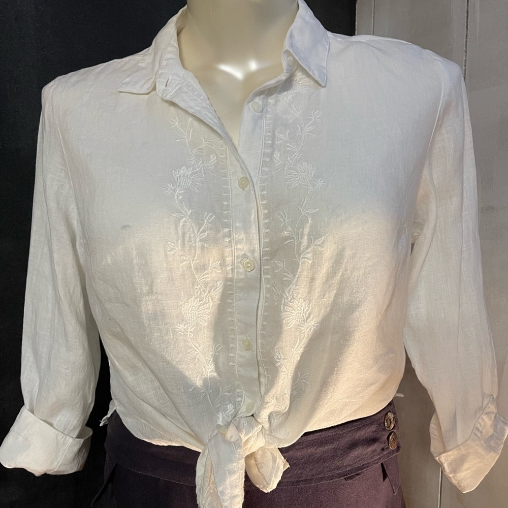 White Embroidered Button-Up Blouse
